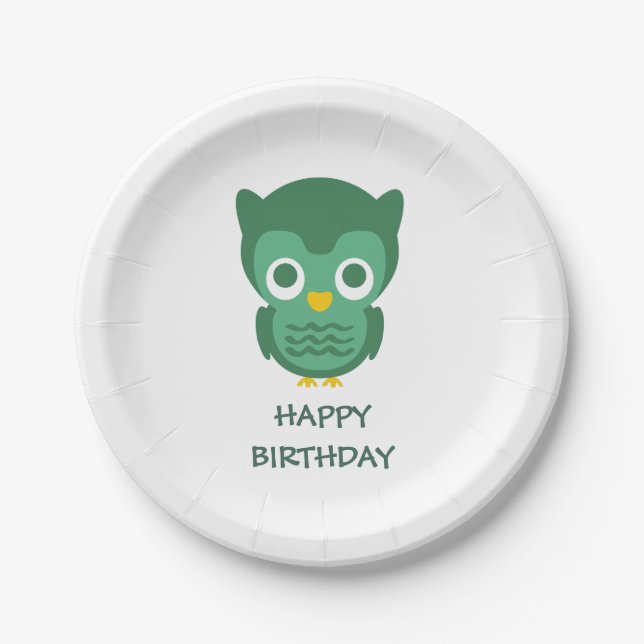 Cute Green Baby Owl-Happy Birthday Paper Plates (Front)