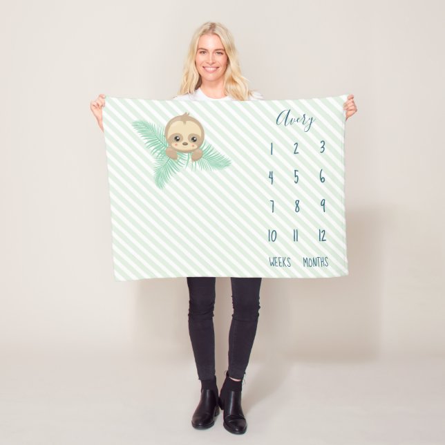 Cute Green Baby Sloth Baby Milestone Fleece Blanket (In Situ)
