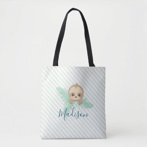 Cute Green Baby Sloth Monogram Tote Bag