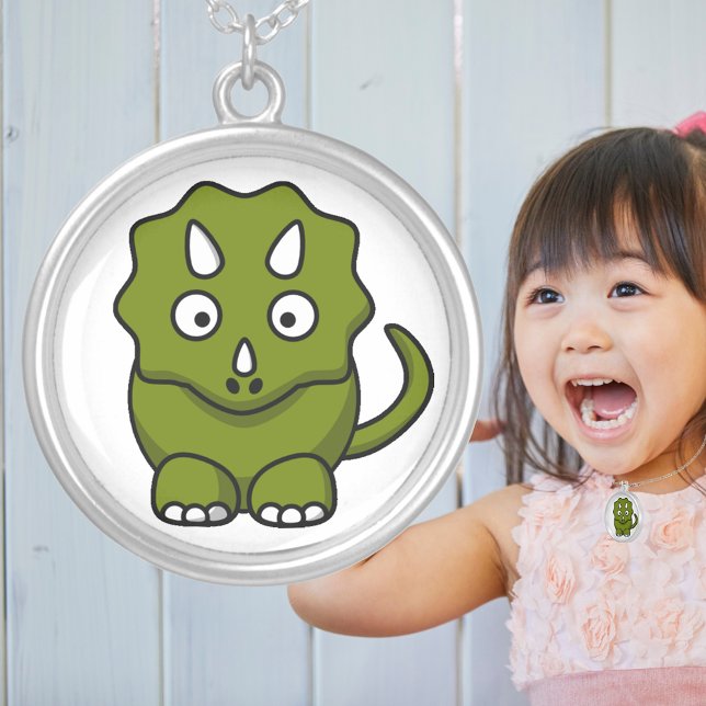 Cute Green Baby Triceratops Dinosaur Animal Silver Plated Necklace (Cute Green Baby Triceratops Dinosaur Animal Silver Plated Necklace)