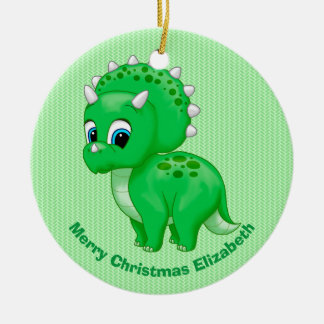 Cute Green Baby Triceratops Dinosaur Ceramic Ornament