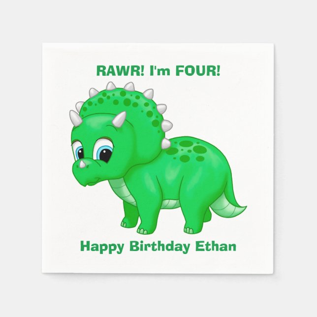 Cute Green Baby Triceratops Dinosaur Napkins (Front)