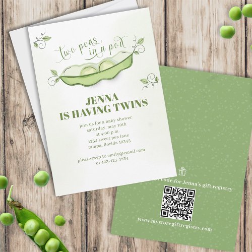 Cute Green Baby Twins Botanical Two Peas in a Pod Invitation