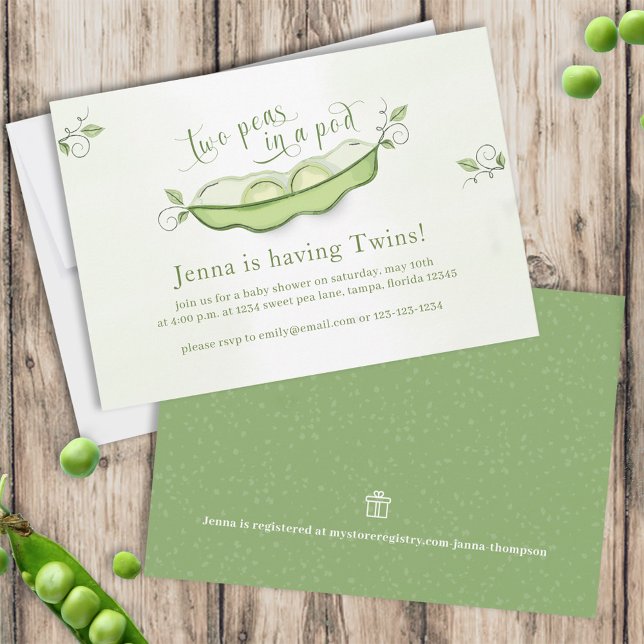 Cute Green Baby Twins Botanical Two Peas in a Pod Invitation (Creator Uploaded)