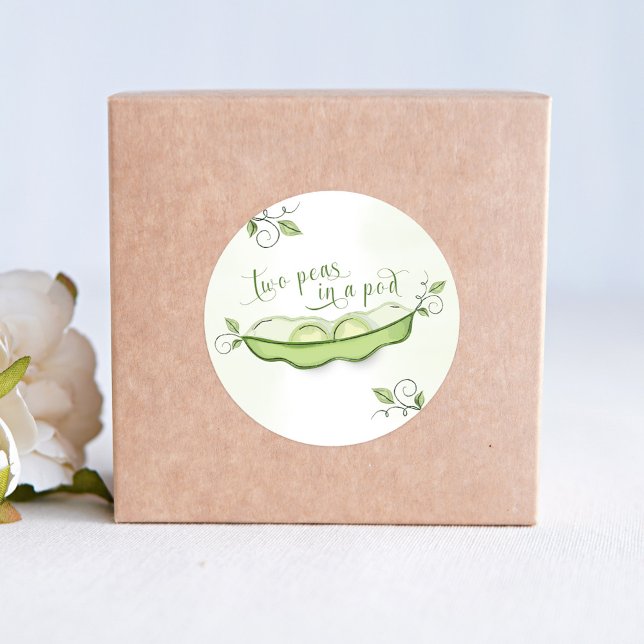 Cute Green Baby Twins Two Peas in a Pod Classic Round Sticker (Two peas in a pod cute baby shower twins sticker. )