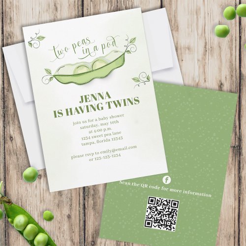 Cute Green Baby Twins Two Peas in a Pod  QR Code  Invitation