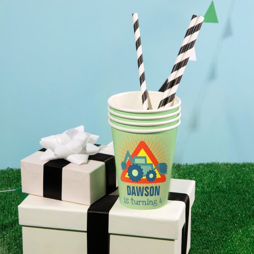 Cute Green Backhoe Boys Birthday 4 Years Engine Paper Cups