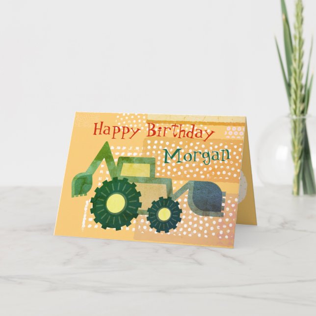 Cute Green Backhoe Boys Happy Birthday Digger Card (Front)