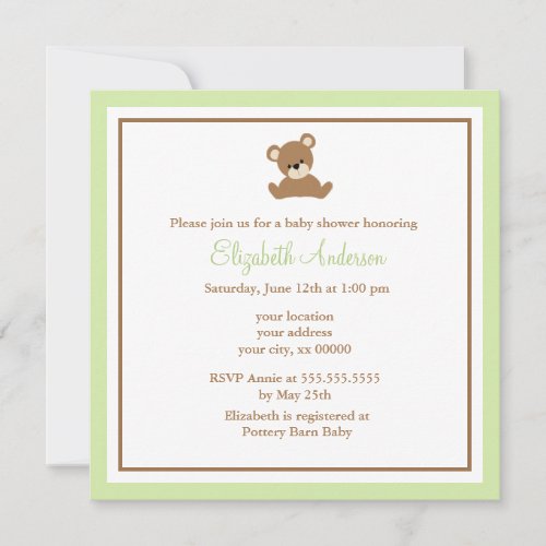 Cute Green Bear Baby Shower Invites