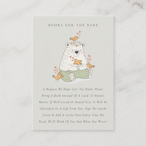 Cute Green Bear Birds Hearts Books For Baby Shower Enclosure Card