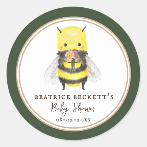 Cute Green Bee and Wildflower Baby Shower Sticker