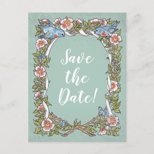 Cute Green Bird Floral Country Rustic Save Date   Announcement Postcard