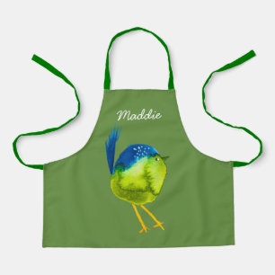 Cute green bird watercolor apron