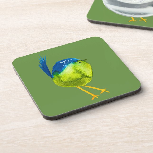 Cute green bird watercolor beverage coaster (Left Side)
