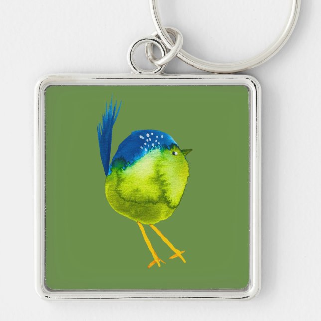 Cute green bird watercolor keychain (Front)