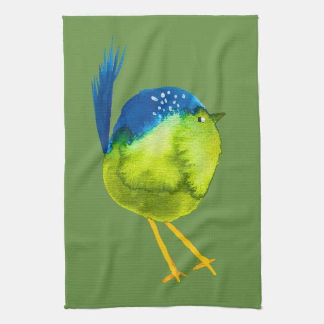 Cute green bird watercolor kitchen towel (Vertical)