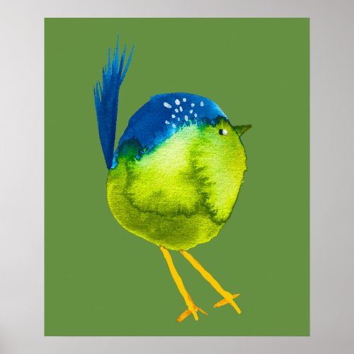 Cute green bird watercolor poster