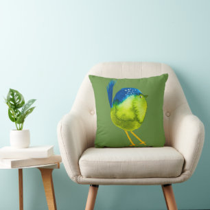 Cute green bird watercolor throw pillow