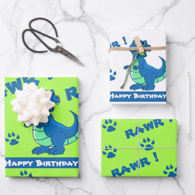 Cute Green Blue Dinosaur Paw Rawr Gift Wrapping Paper Sheets (Front)