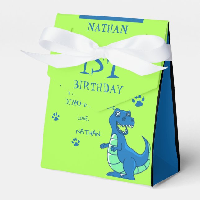 Cute Green Blue Dinosaur Themed Birthday Favor Box (Front Side)
