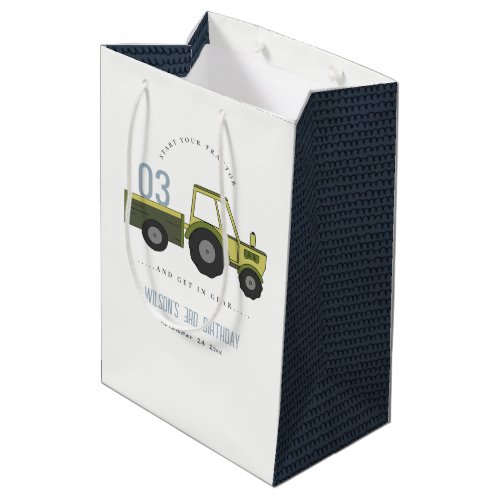 Cute Green Blue Farm Tractor Kids Any Age Birthday Medium Gift Bag