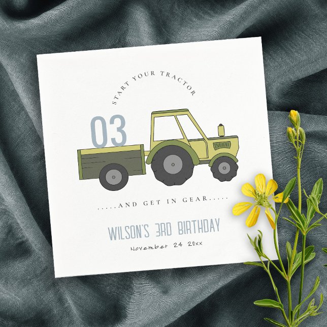 Cute Green Blue Farm Tractor Kids Any Age Birthday Napkins (Creator Uploaded)