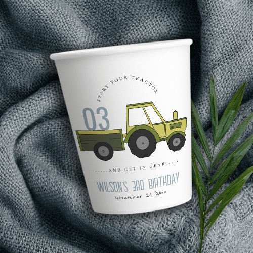 Cute Green Blue Farm Tractor Kids Any Age Birthday Paper Cups