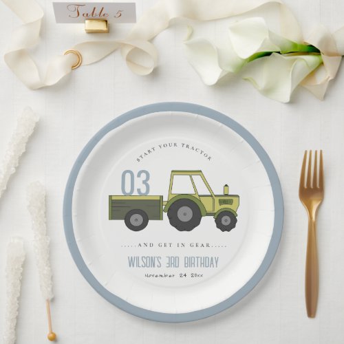 Cute Green Blue Farm Tractor Kids Any Age Birthday Paper Plates