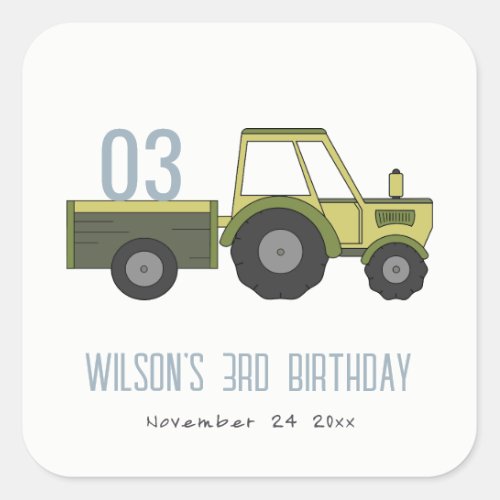 Cute Green Blue Farm Tractor Kids Any Age Birthday Square Sticker