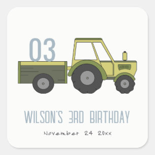Cute Green Blue Farm Tractor Kids Any Age Birthday Square Sticker