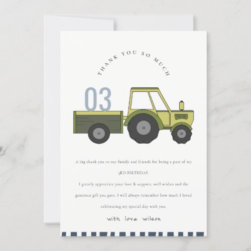 Cute Green Blue Farm Tractor Kids Any Age Birthday Thank You Card