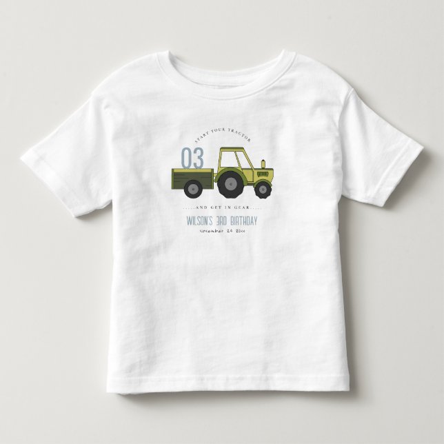 Cute Green Blue Farm Tractor Kids Any Age Birthday Toddler T-shirt (Front)