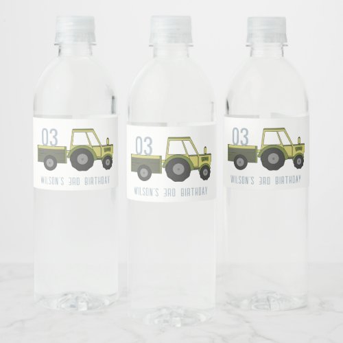 Cute Green Blue Farm Tractor Kids Any Age Birthday Water Bottle Label