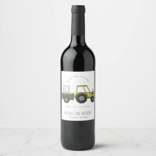 Cute Green Blue Farm Tractor Kids Any Age Birthday Wine Label