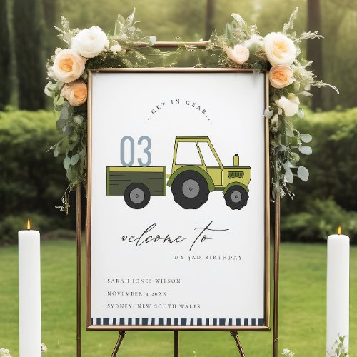 Cute Green Blue Farm Tractor Kids Birthday Welcome Foam Board