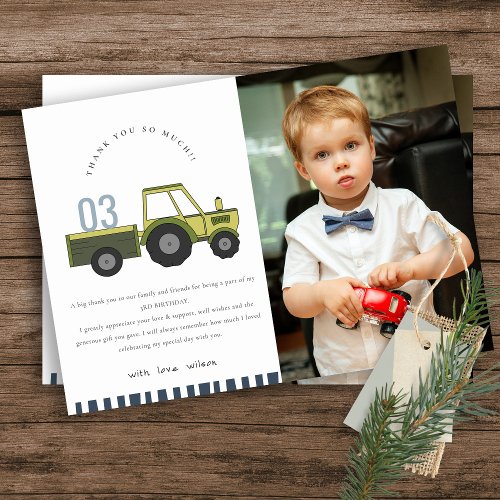 Cute Green Blue Farm Tractor Kids Photo Birthday Thank You Card