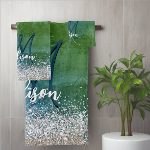 Cute green blue faux gold glitter monogram bath towel set