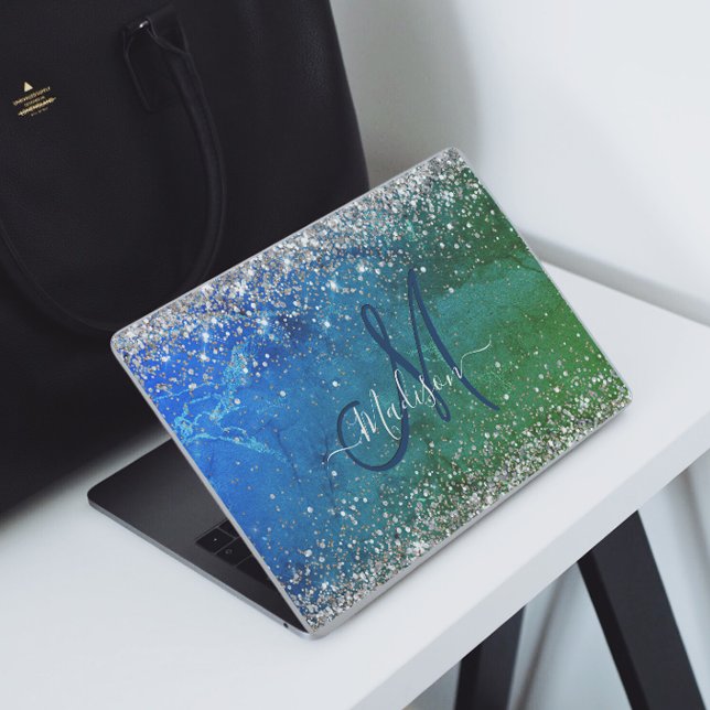 Cute green blue faux gold glitter monogram HP laptop skin (Creator Uploaded)