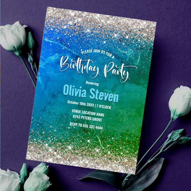 Cute green blue faux gold glitter monogram invitation (Creator Uploaded)