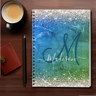 Cute green blue faux gold glitter monogram notebook