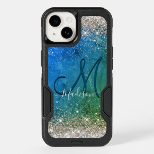 Cute green blue faux gold glitter monogram OtterBox iPhone 14 case