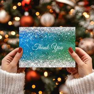 Cute green blue faux gold glitter monogram thank you card