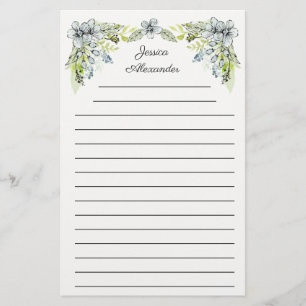 Cute Green Blue Hand Drawn Flowers Name Stationery
