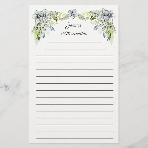  Cute Green Blue Hand Drawn Flowers Name  Stationery