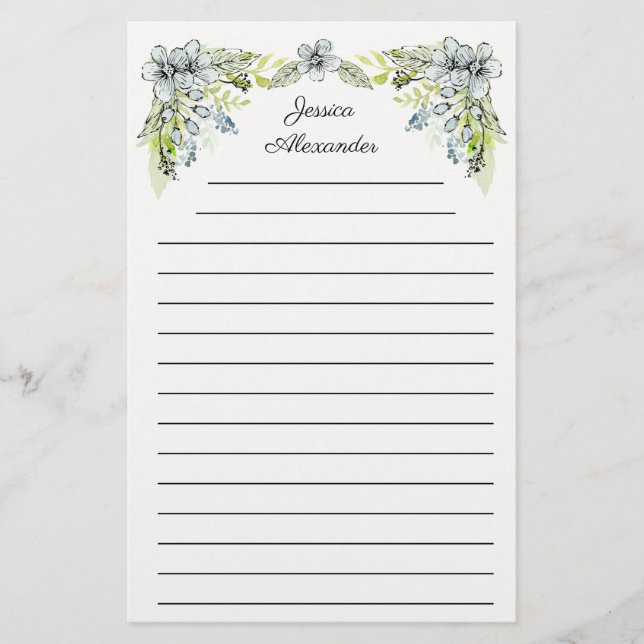  Cute Green Blue Hand Drawn Flowers Name  Stationery (Front)