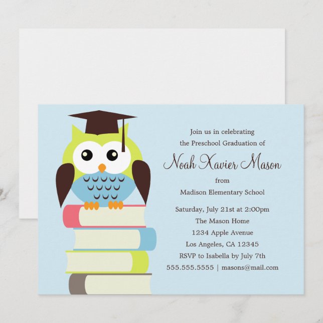 Cute Green/Blue Owl | Graduation Party Invite (Front/Back)