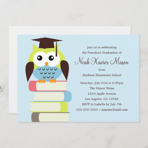 Cute GreenBlue Owl  Graduation Party Invite