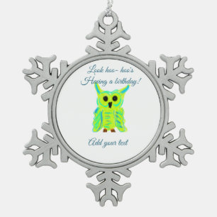 Cute green blue pastel owl pun add text birthday t snowflake pewter christmas ornament