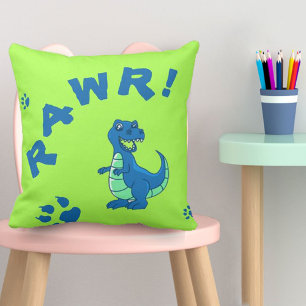 Cute Green Blue RAWR Dinosaur Kids Throw Pillow