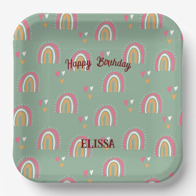Cute Green Boho Rainbow Birthday Custom Name Paper Plates (Front)